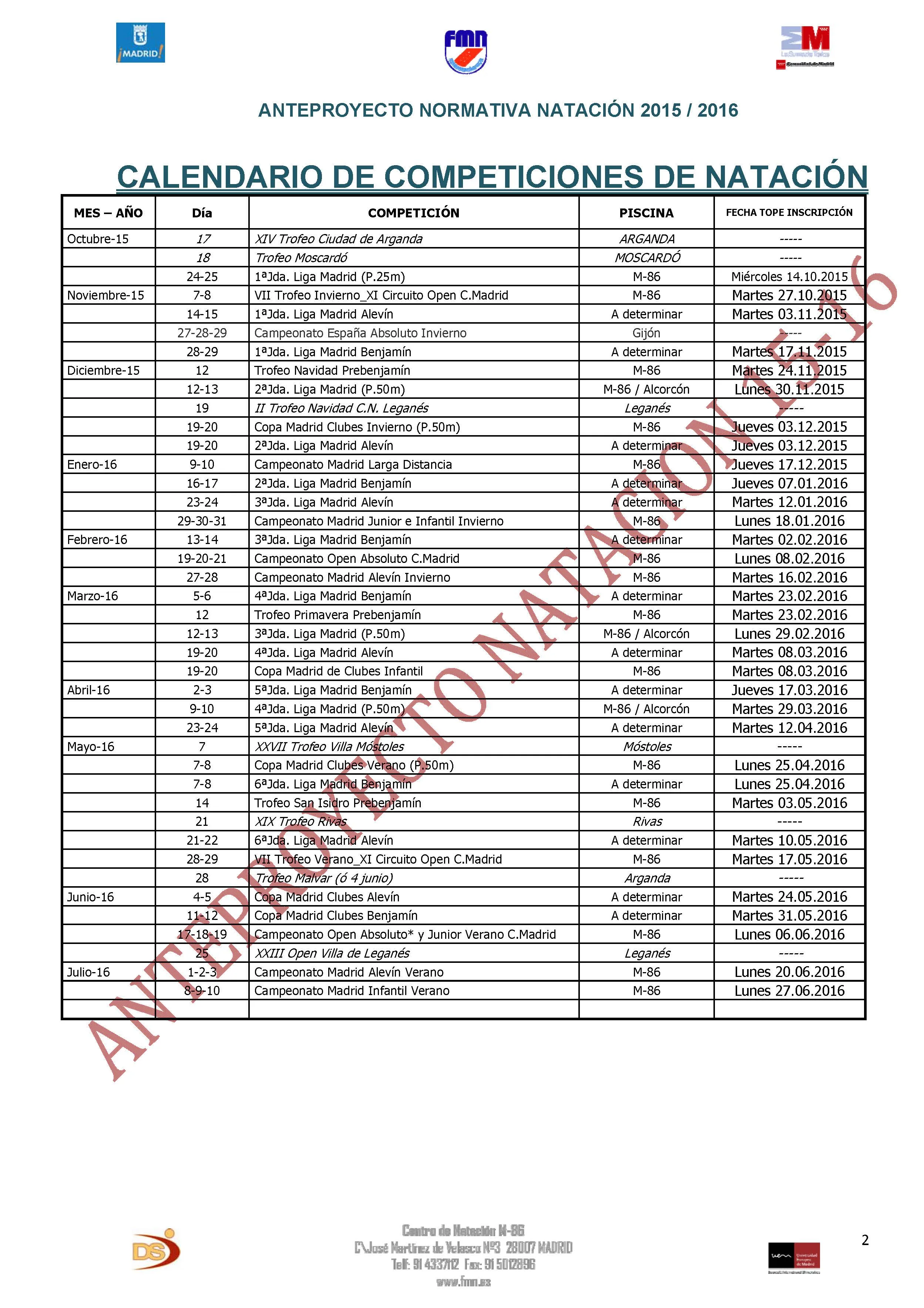 CALENDARIO NATACIÓN TEMPORADA 15-16